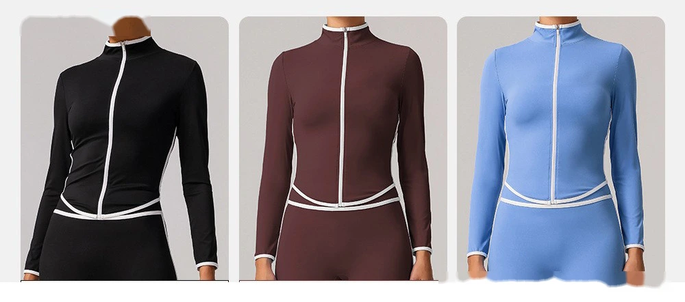 Customized contrast sports yoga coat stand collar long sleeve coat outdoor fitness clothes top detail