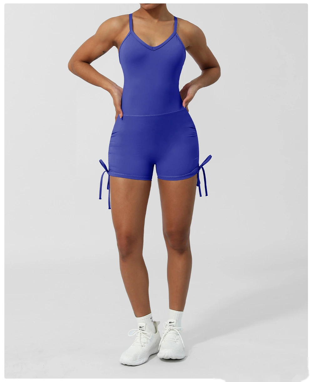 Custom-made European and American thin ribbon cross back yoga clothes tight shorts jumpsuit with chest pad detail