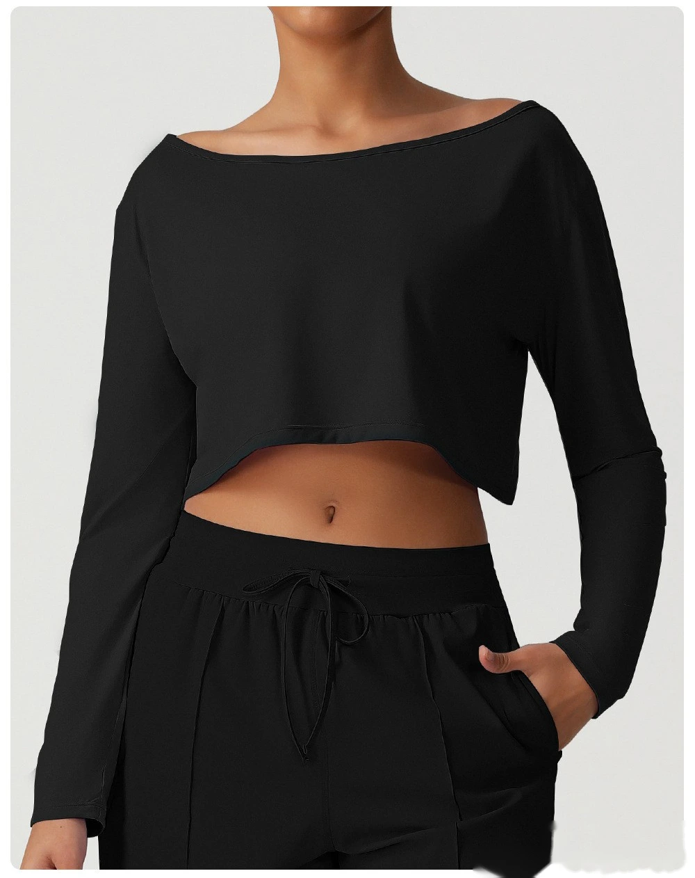 Customized diagonal shoulder long sleeve sports and leisure top high elastic loose T-shirt yoga fitness suit detail