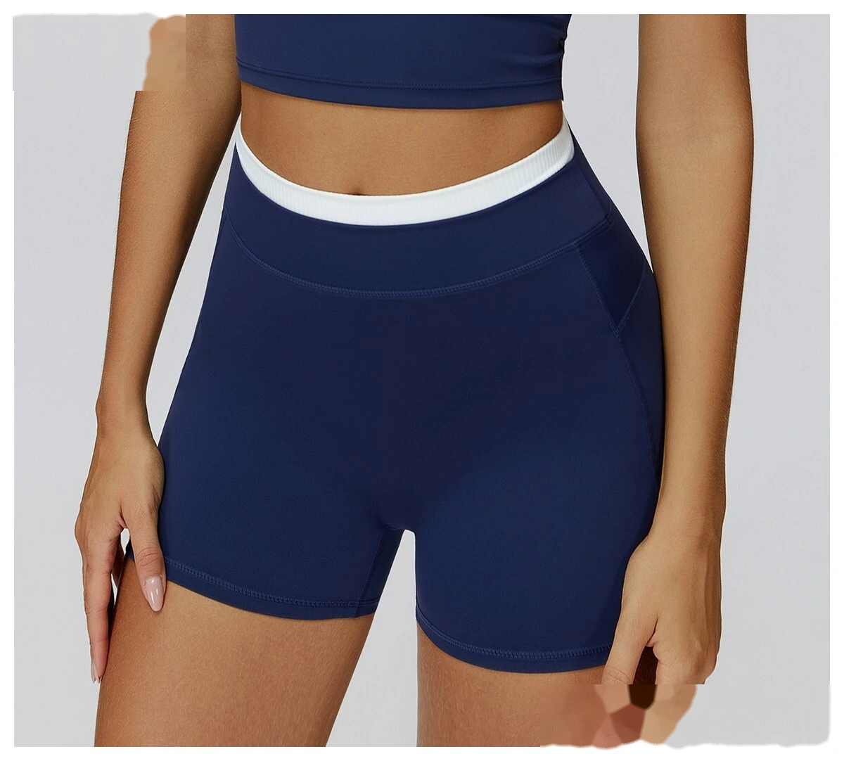 Customizable Naked-Feel Sports Shorts | Women's Contrast Ribbed High-Waist, Tight-Fit Yoga & Running Style detail