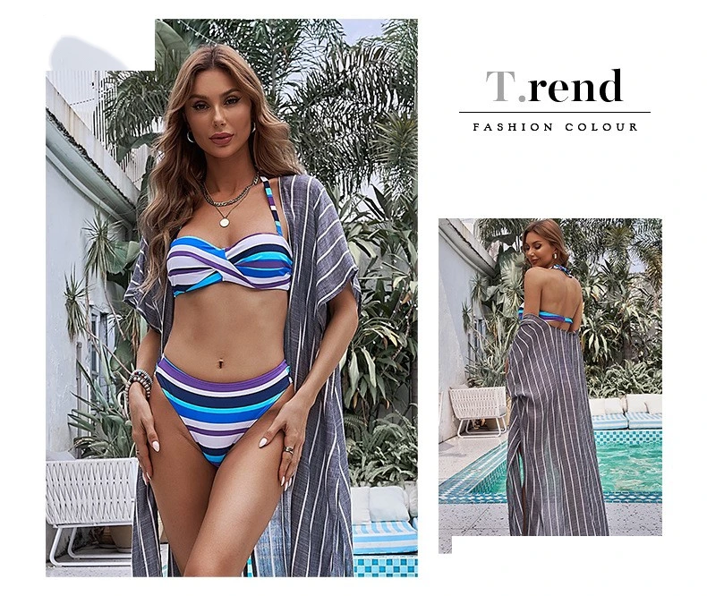 Womens bikini swimsuit stripe halter two-piece bathing suits detail