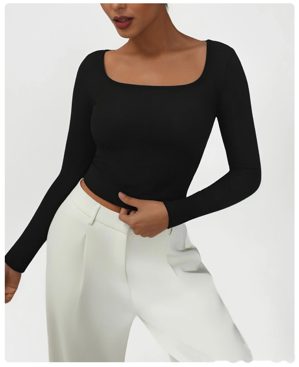 Customized high elastic tight T-shirt casual square collar sexy solid color long sleeve yoga sports shirt detail