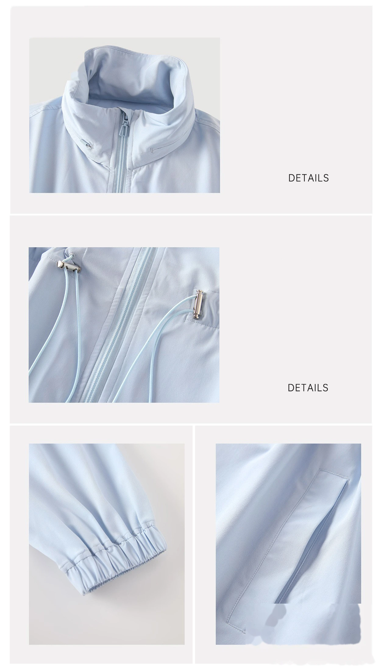 Women’s Custom Packable Hooded Stand Collar Sports Jacket Drawstring Waist Slim Fit Mid Length Zip Up Jacket detail