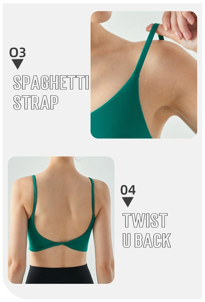 Women U neck spaghetti strap padded crop vest running fitness sports bra detail
