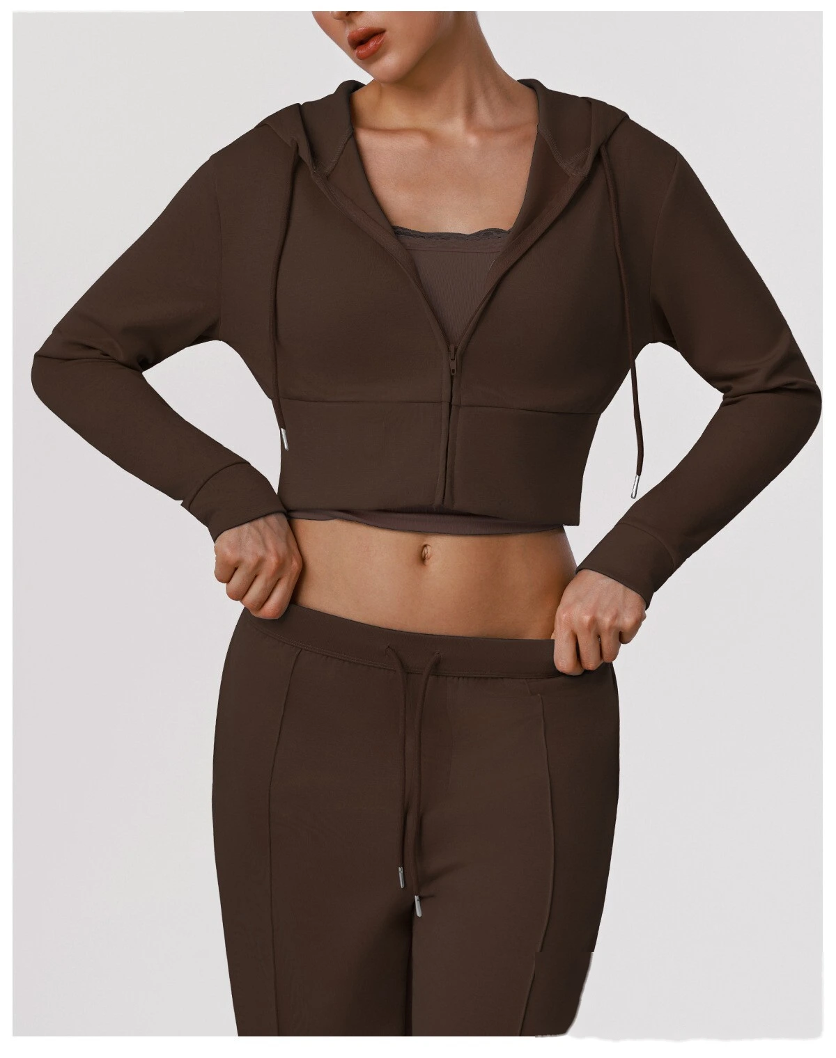 Women's Fall Winter Sports Tracksuit - Customizable Cropped Waist Hooded Jacket + Casual Outdoor Workout Set detail