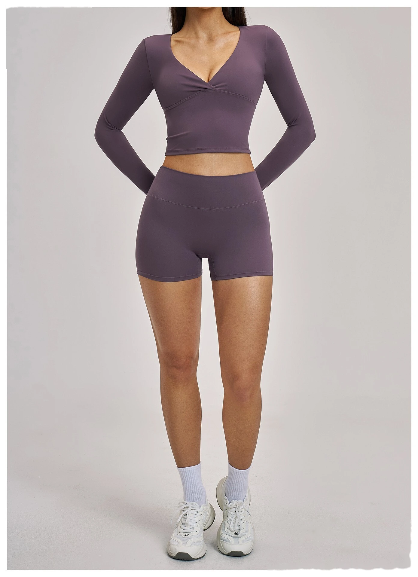Women’s Custom Spring Summer High Stretch Slim Fit V-Neck Long Sleeve Yoga T-Shirt Fitness Workout Top detail