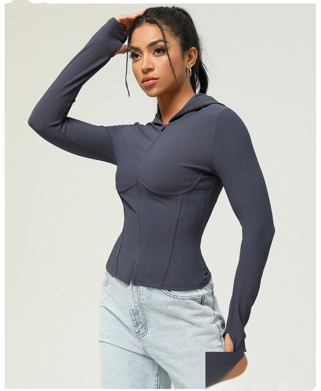 Custom slim hooded sports coat long sleeve autumn and winter yoga coat leisure sports coat women detail