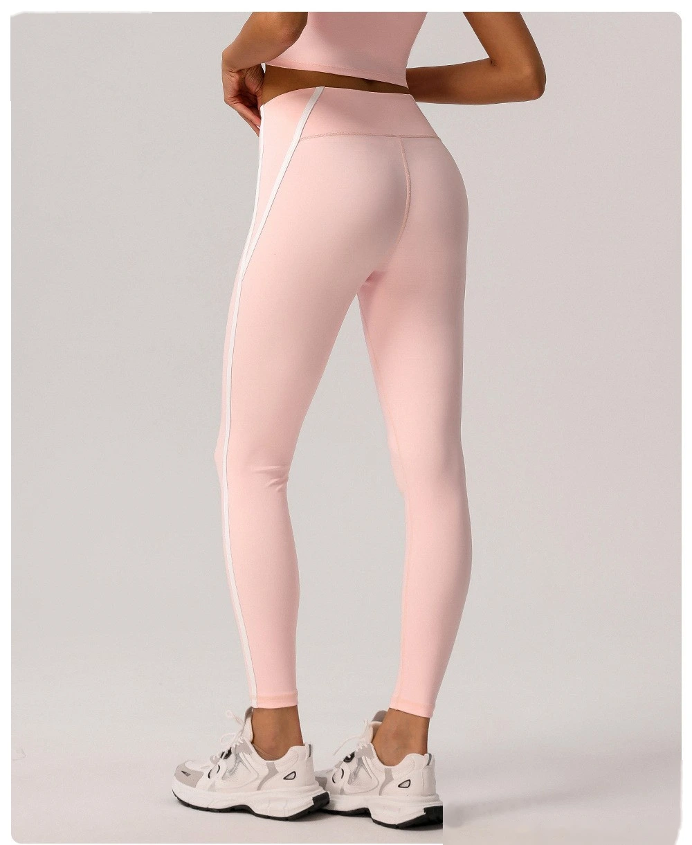 Customized European and American contrast high waist nude yoga pants ladies running fitness tight sports pants detail