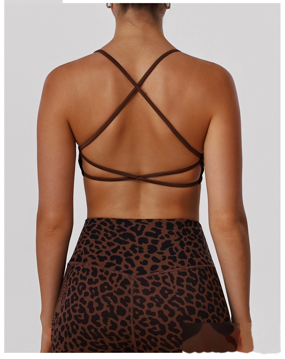 Bulk Custom Padded Leopard Sports Bra - Thin-Strap Criss-Cross Back High-Support Workout Yoga Bra detail