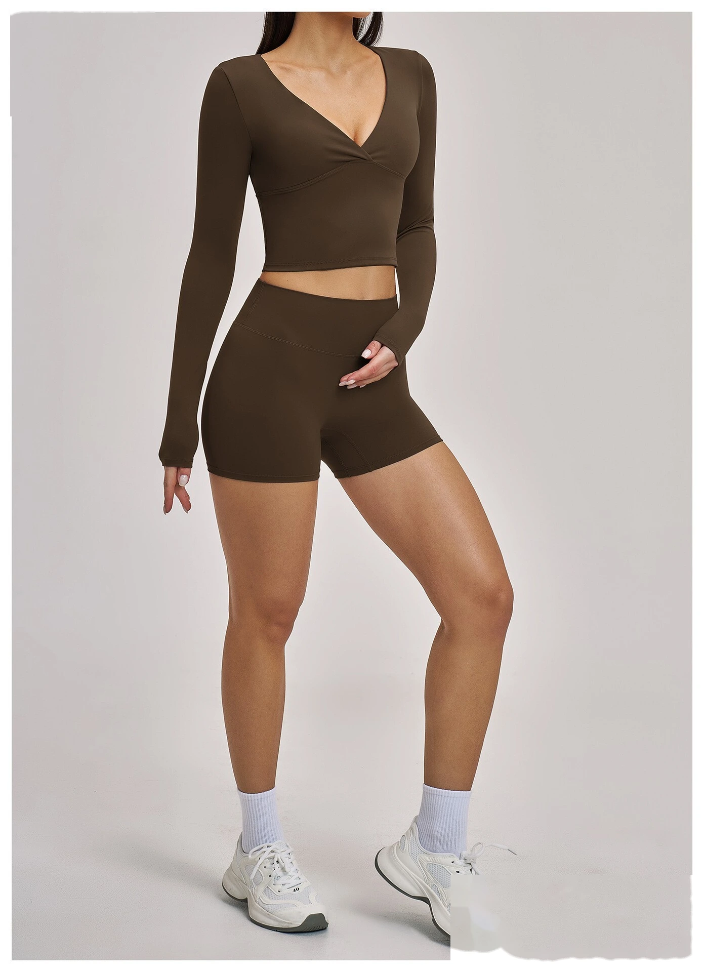 Women’s Custom Spring Summer High Stretch Slim Fit V-Neck Long Sleeve Yoga T-Shirt Fitness Workout Top detail