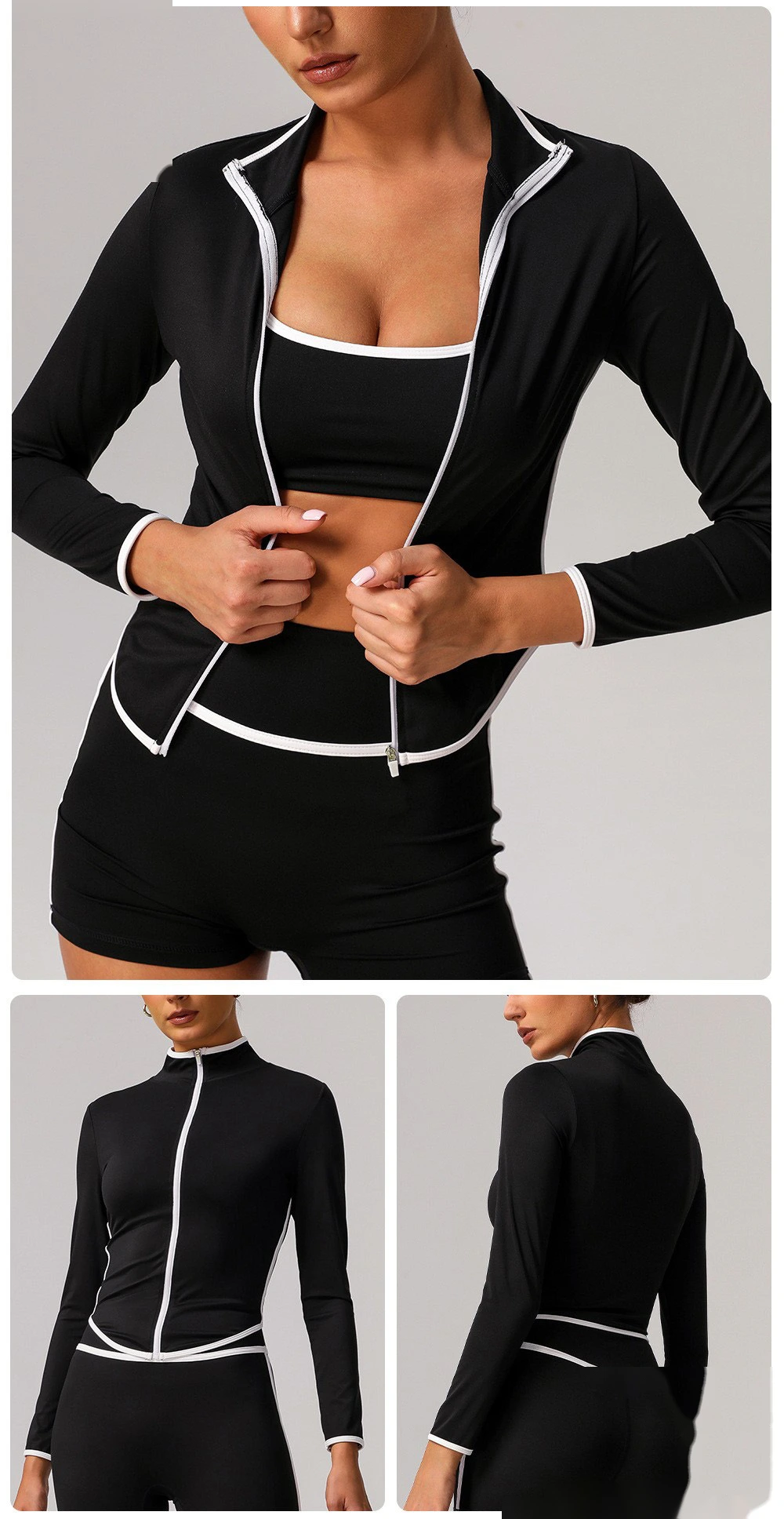Customized contrast sports yoga coat stand collar long sleeve coat outdoor fitness clothes top detail