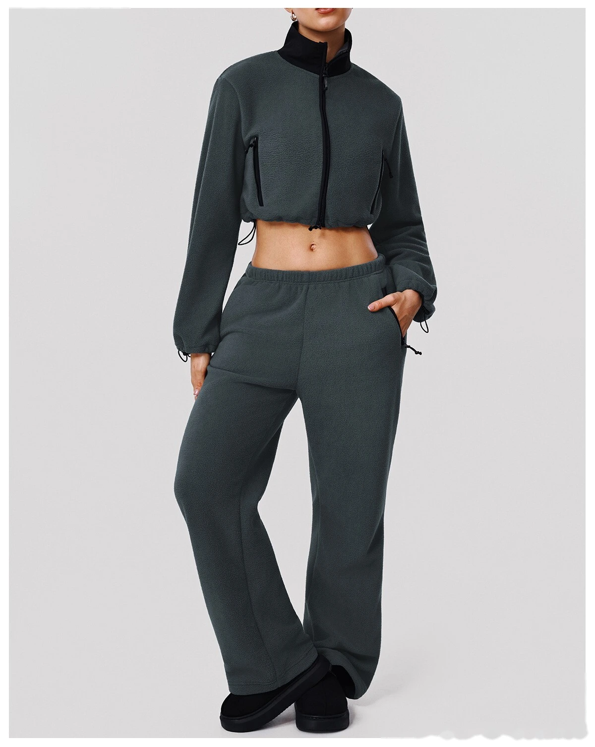 Custom Fleece Lounge Set - Women's Winter Warm Stand Collar Jacket & Wide-Leg Pants Sports Suit detail