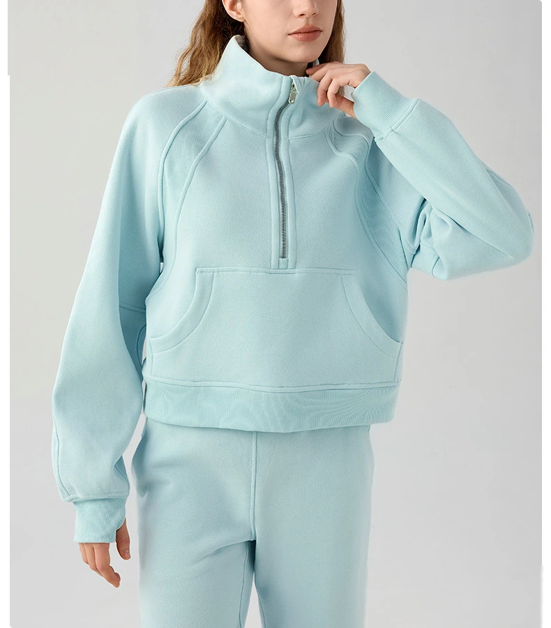 Women long sleeve half zip stand collar autumn fleece running sweatshirts detail