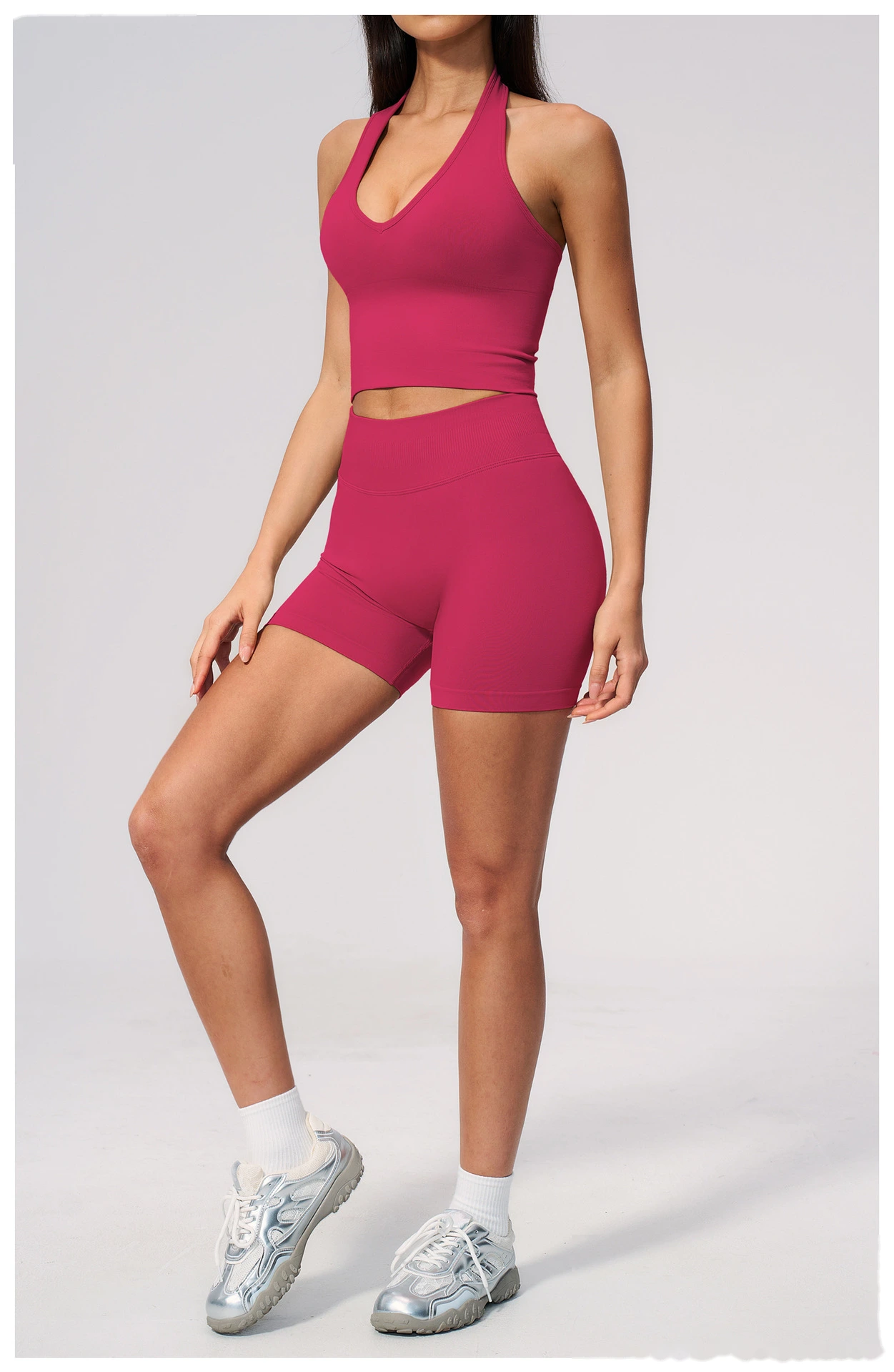 Custom Logo Seamless Sports Two Piece Set, Halter Neck V Front Yoga Top, High Waist Tummy & Hip Shaping Fitness Suit detail