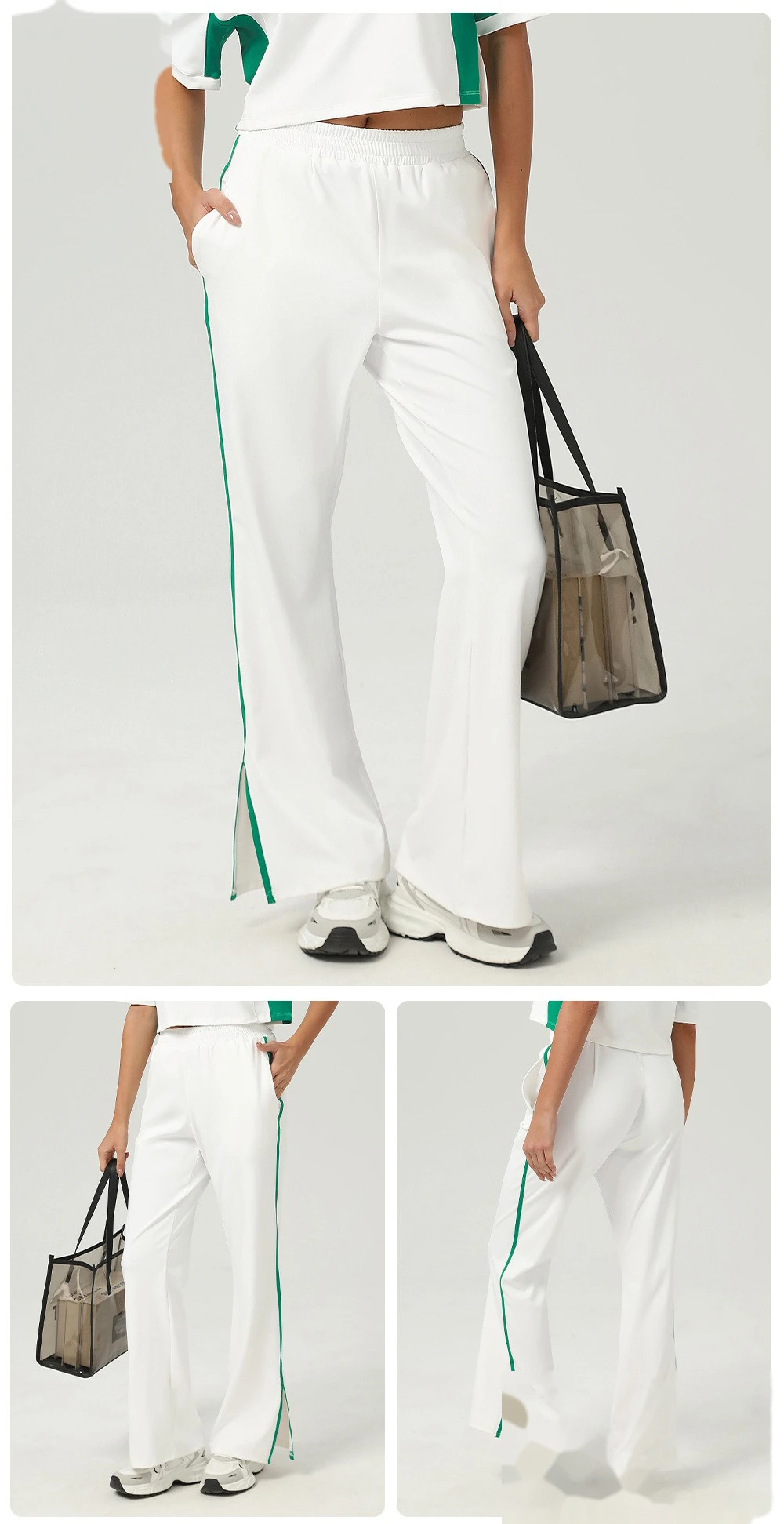High waist loose sport wide-leg pants pocket straight fashion casual pants wearing contrast yoga bell bottoms. detail