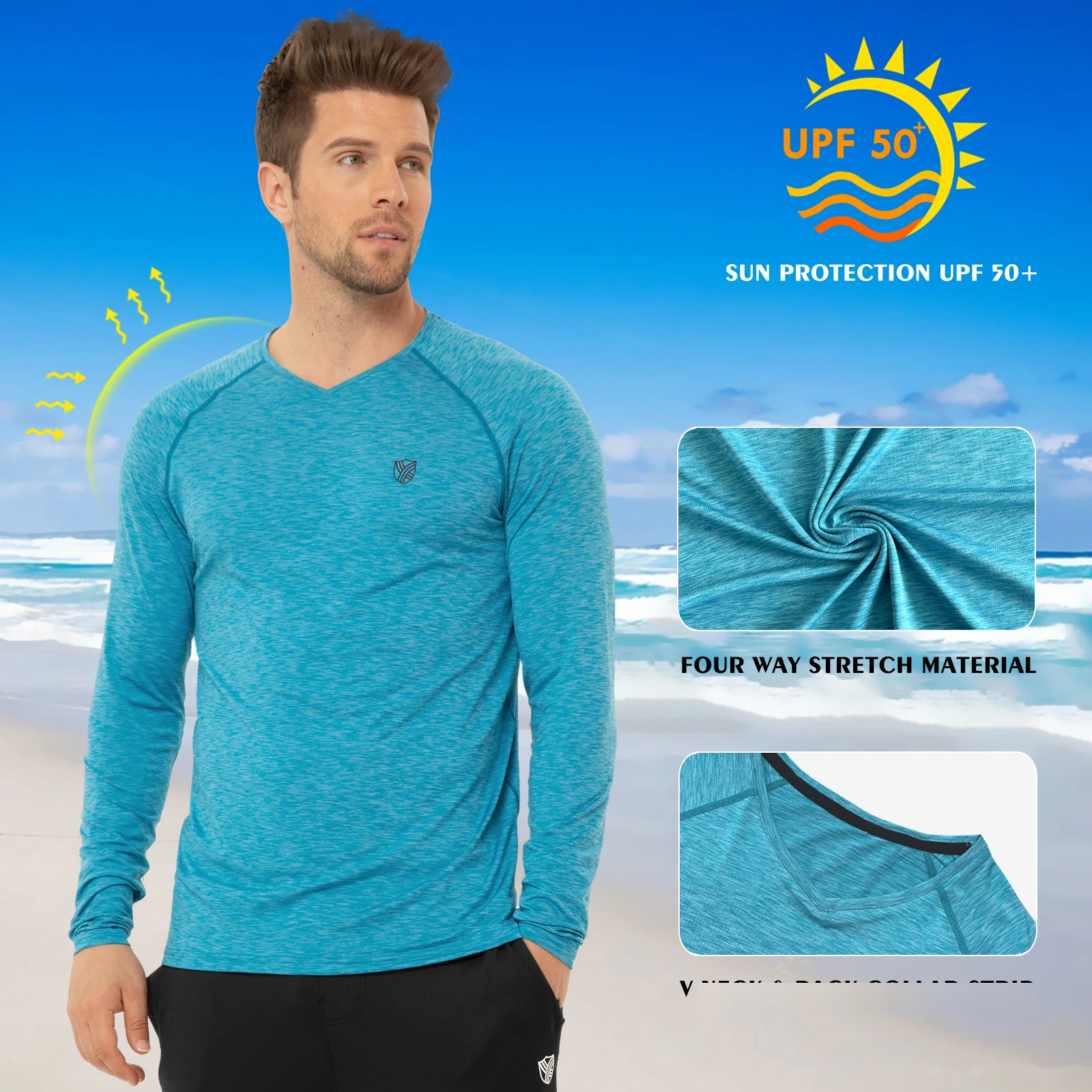 Men's running fitness training UPF outdoor sunscreen quick-drying breathable V-neck long-sleeved T-shirt detail
