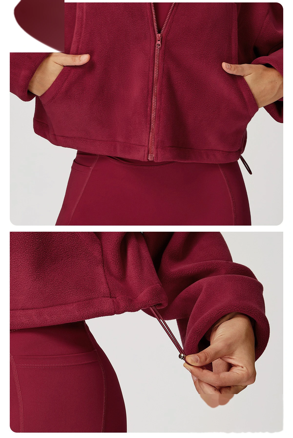 Customized Stand-Collar Windproof Warm Polar Fleece Drawstring Jacket - Women’s Fleece-Lined Athletic Sweatshirt detail
