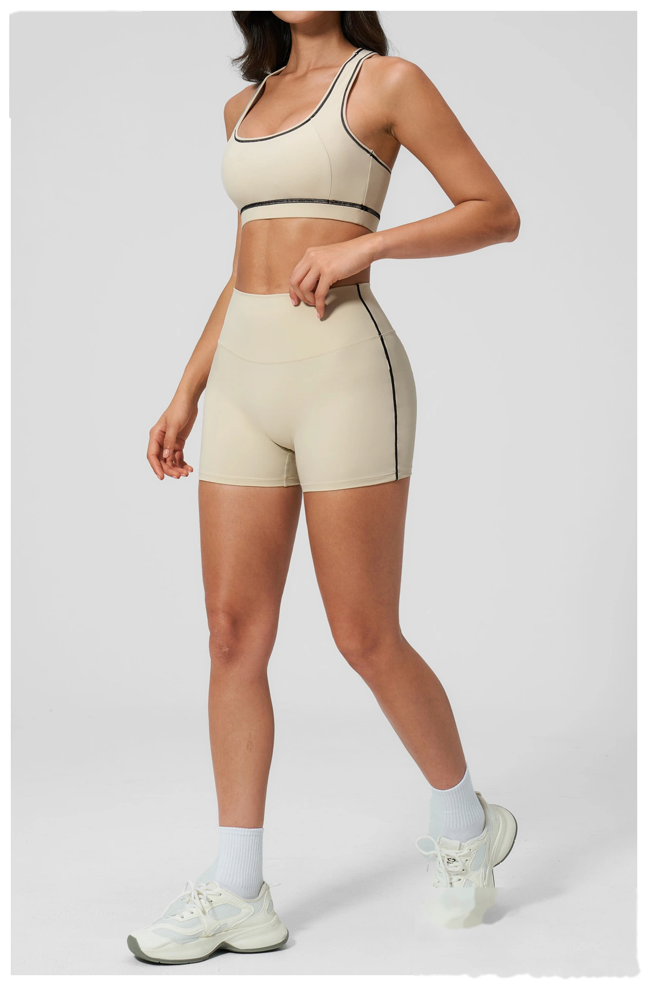European American Style Color Block Yoga Bra & Hip Lifting Shorts Set, Women 2 Piece Fitness Activewear detail