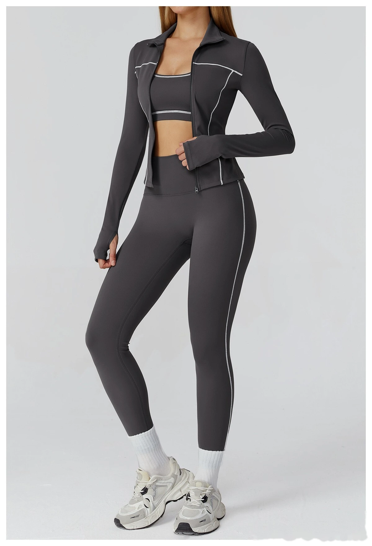 Custom contrast sanding yoga jacket zipper windproof slim coat outdoor sports running fitness clothes women detail