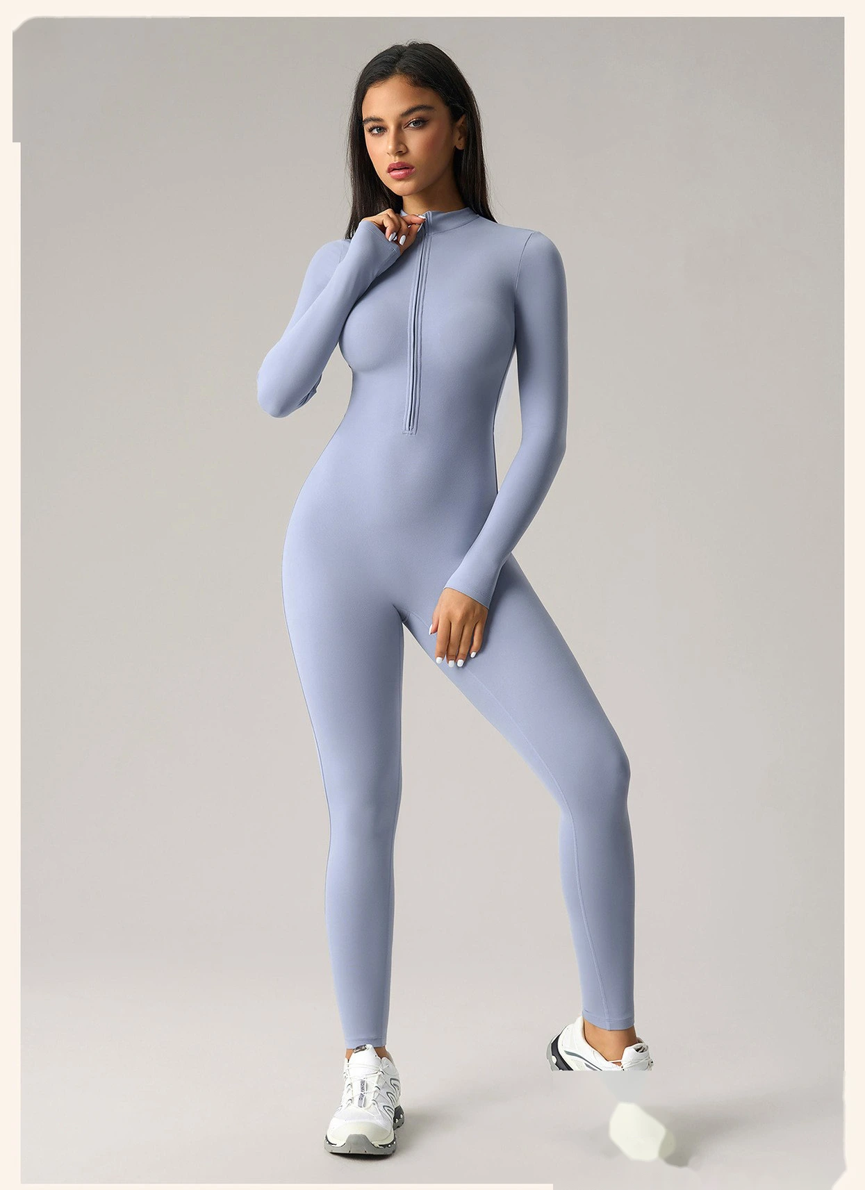 Women’s High Stretch Long Sleeve Half Zip Fitness Jumpsuit Slim Fit Butt Lifting Yoga Workout Bodysuit detail