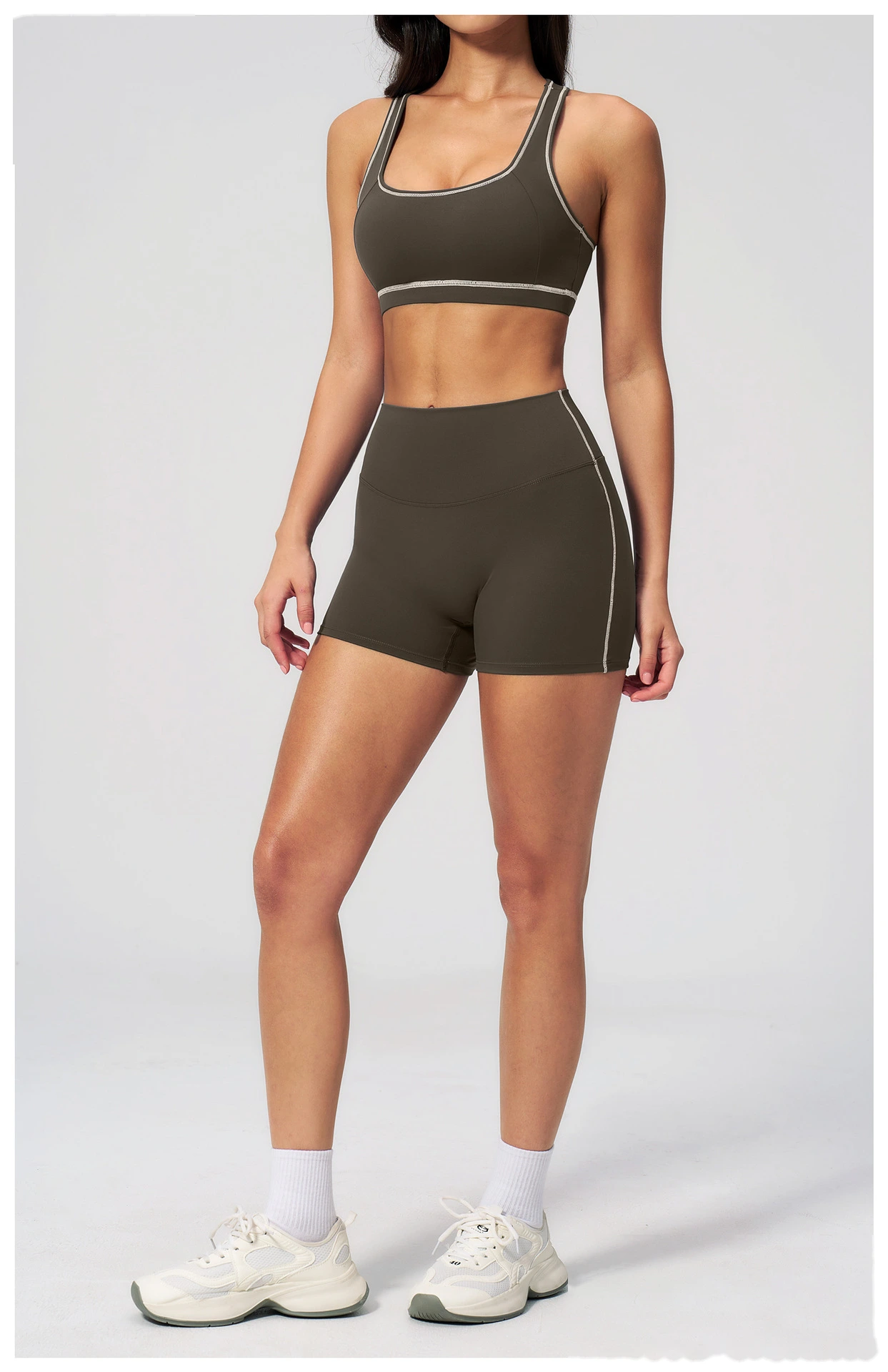European American Style Color Block Yoga Bra & Hip Lifting Shorts Set, Women 2 Piece Fitness Activewear detail