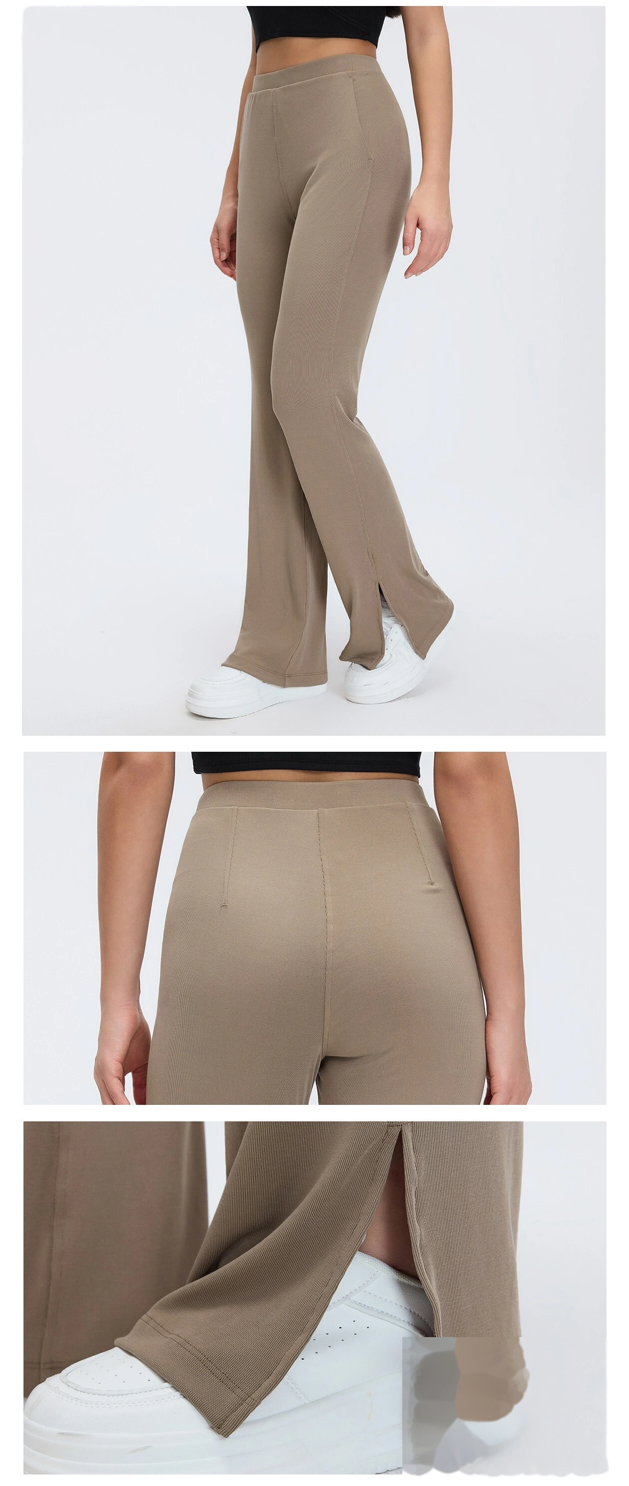 Custom Split Hem Yoga Pants - Women's Sand-Washed Ribbed Wide-Leg Flared Slimming Sports Pants detail