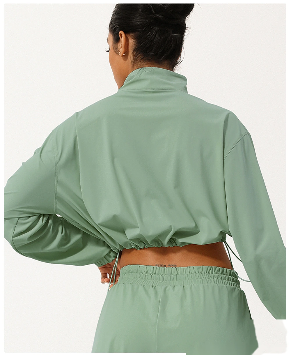 Customized semi-zipper turtleneck sunscreen yoga suit jacket UV-proof outdoor drawstring hooded sun-protective clothing detail
