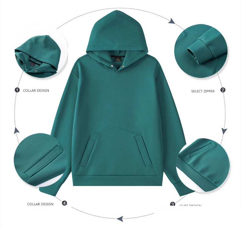Fall/winter pullover sports hooded sweater solid color pocket loose long sleeve leisure trend air layer sweater detail