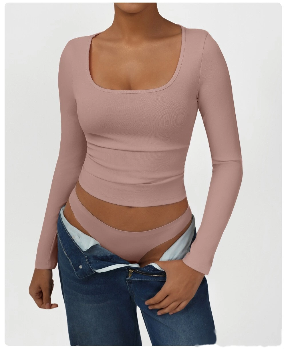Customized high elastic tight T-shirt casual square collar sexy solid color long sleeve yoga sports shirt detail