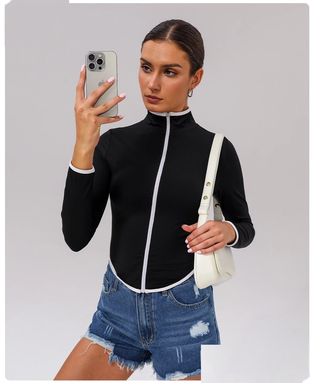 Customized contrast sports yoga coat stand collar long sleeve coat outdoor fitness clothes top detail