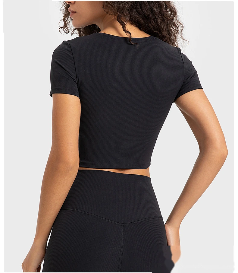 Customized rib sexy hollow short sports T-shirt women with chest pad slim yoga short sleeves detail