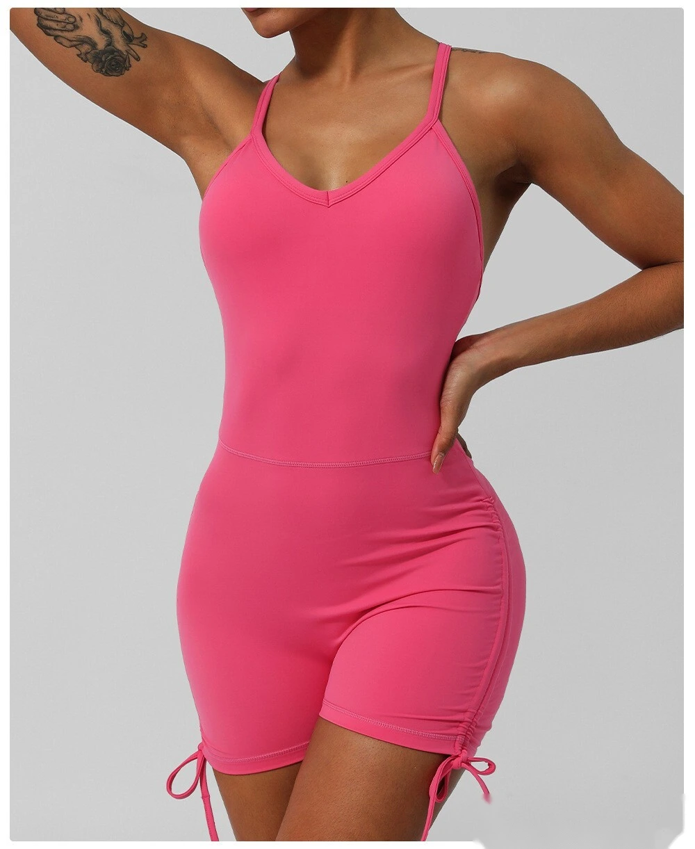 Custom-made European and American thin ribbon cross back yoga clothes tight shorts jumpsuit with chest pad detail