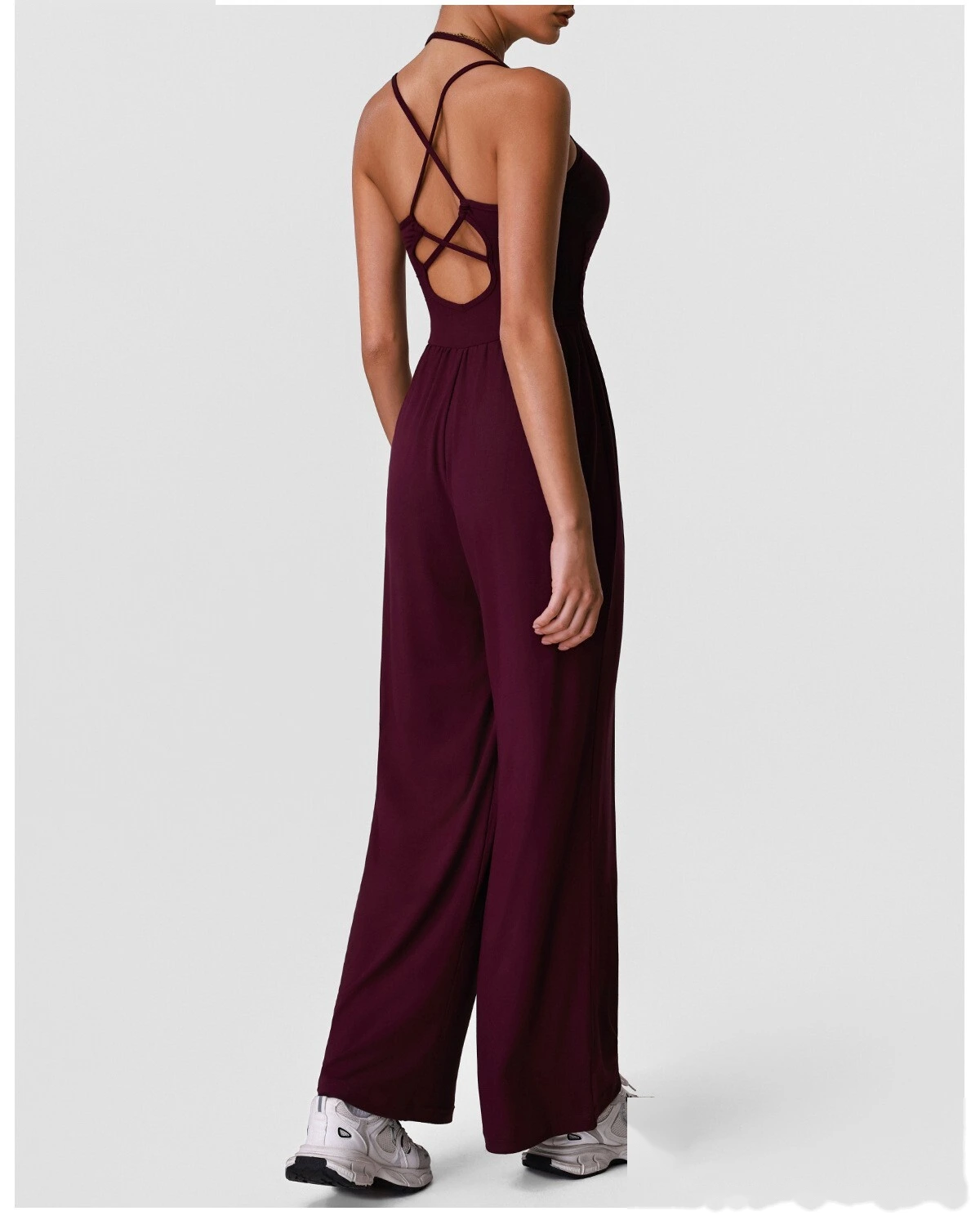 Women’s Halter Hollow Beauty Back Yoga Jumpsuit Casual Wide Leg One Piece Sportswear With Built-in Pads detail