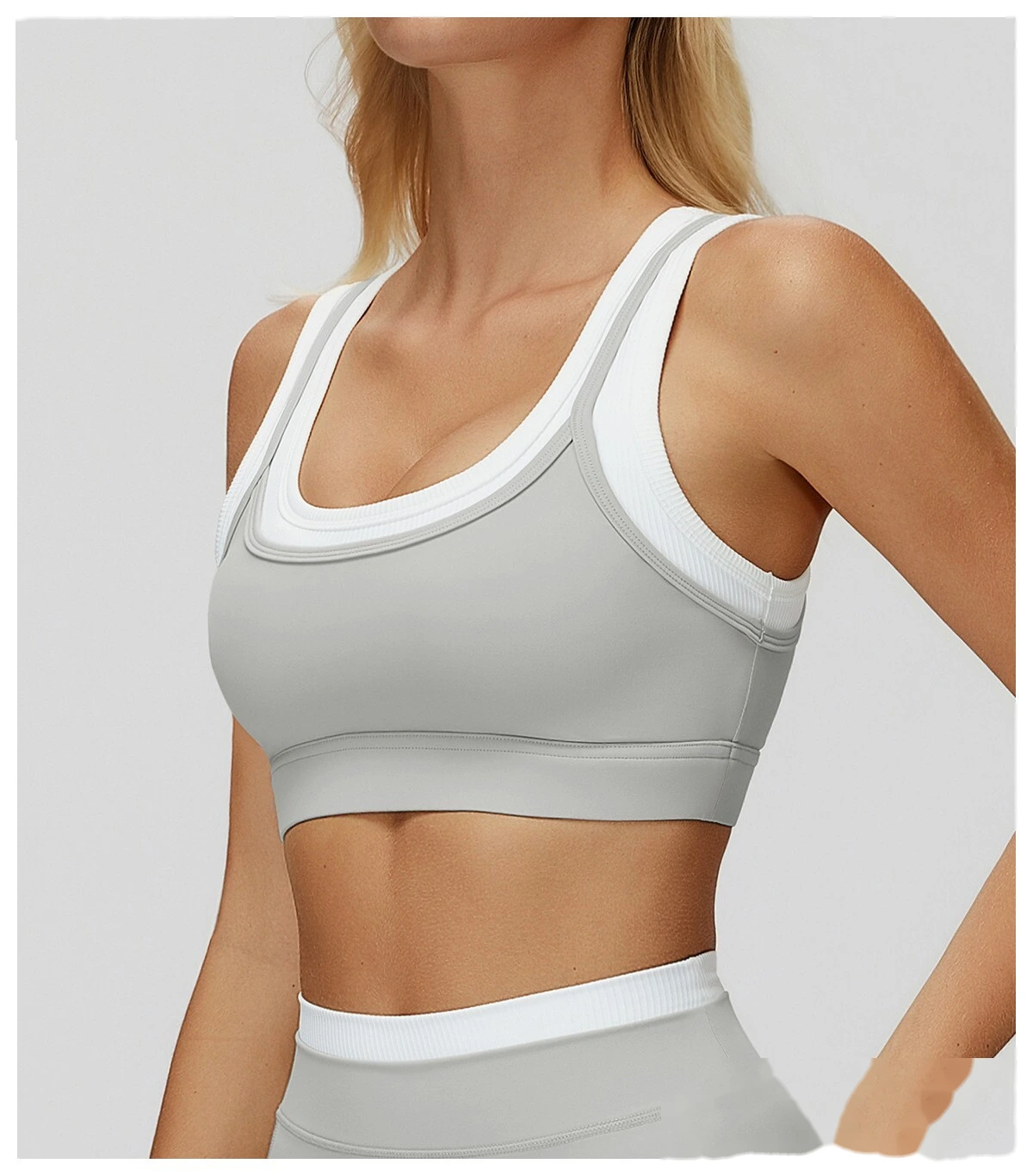 Customizable Naked-Feel Yoga Bra | Women's Fake Two-Piece Ribbed Contrast, Fitness & Running Style detail