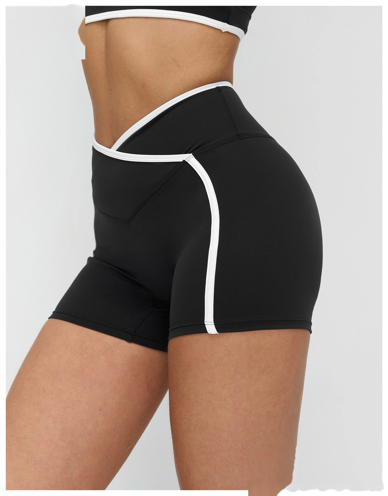 Custom Color Block Tight Workout Shorts - Buttery Soft Cross Waist Yoga Running Shorts detail