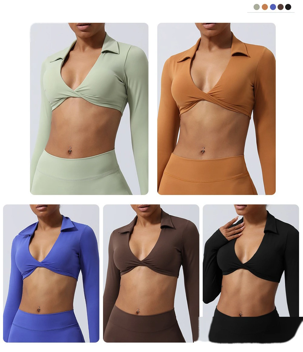 Custom-made nude lapel twisted sports shirt sexy navel yoga clothes long sleeve T-shirt detail