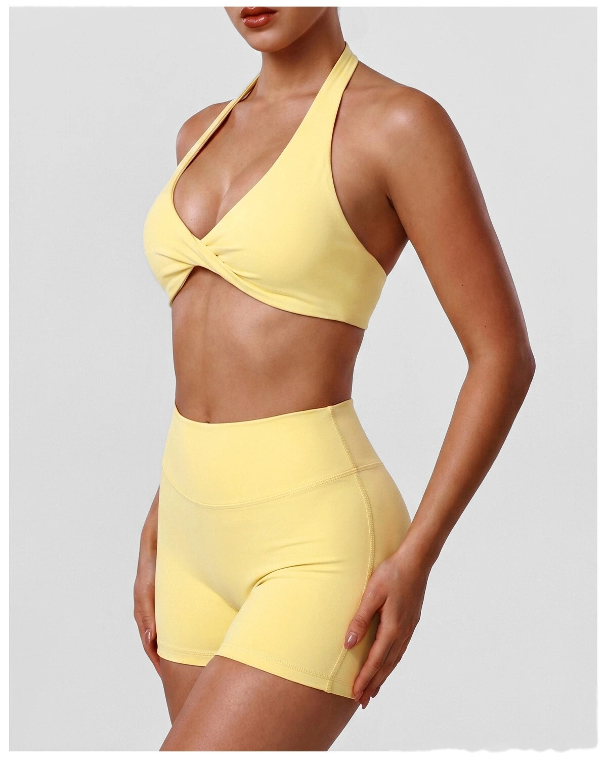 New Summer Women's Active Set, Halter Beauty Back Sports Bra with High Waist Tummy Control Workout Shorts detail