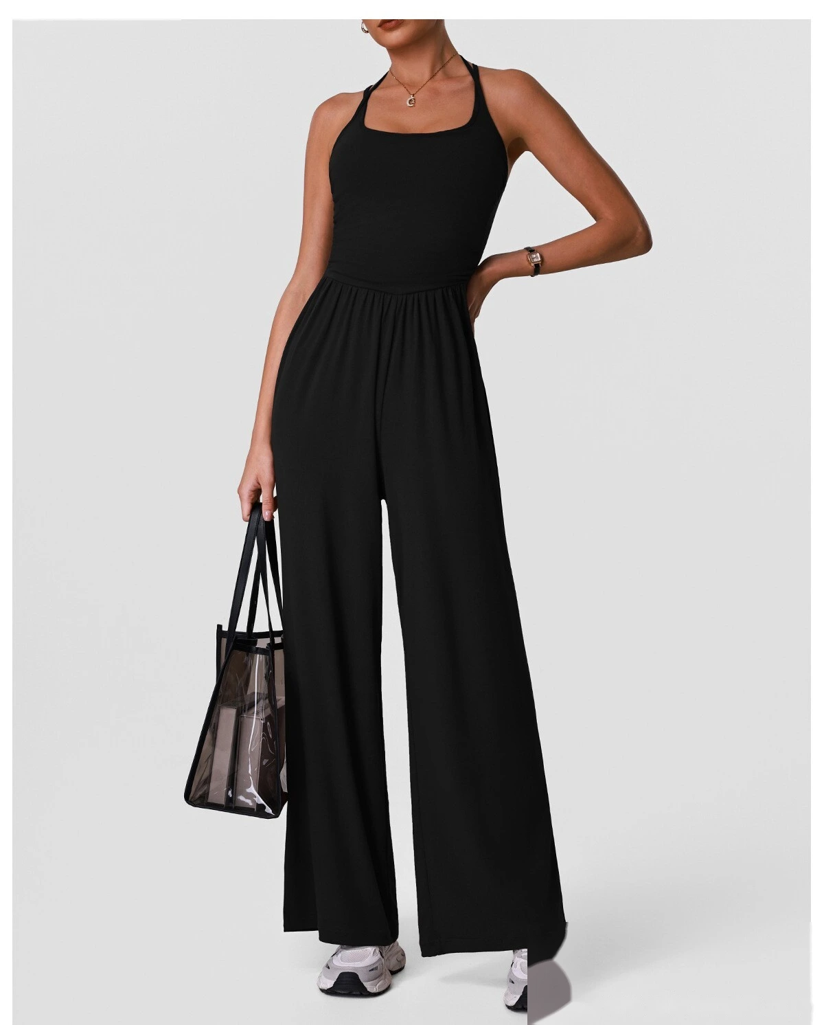 Women’s Halter Hollow Beauty Back Yoga Jumpsuit Casual Wide Leg One Piece Sportswear With Built-in Pads detail