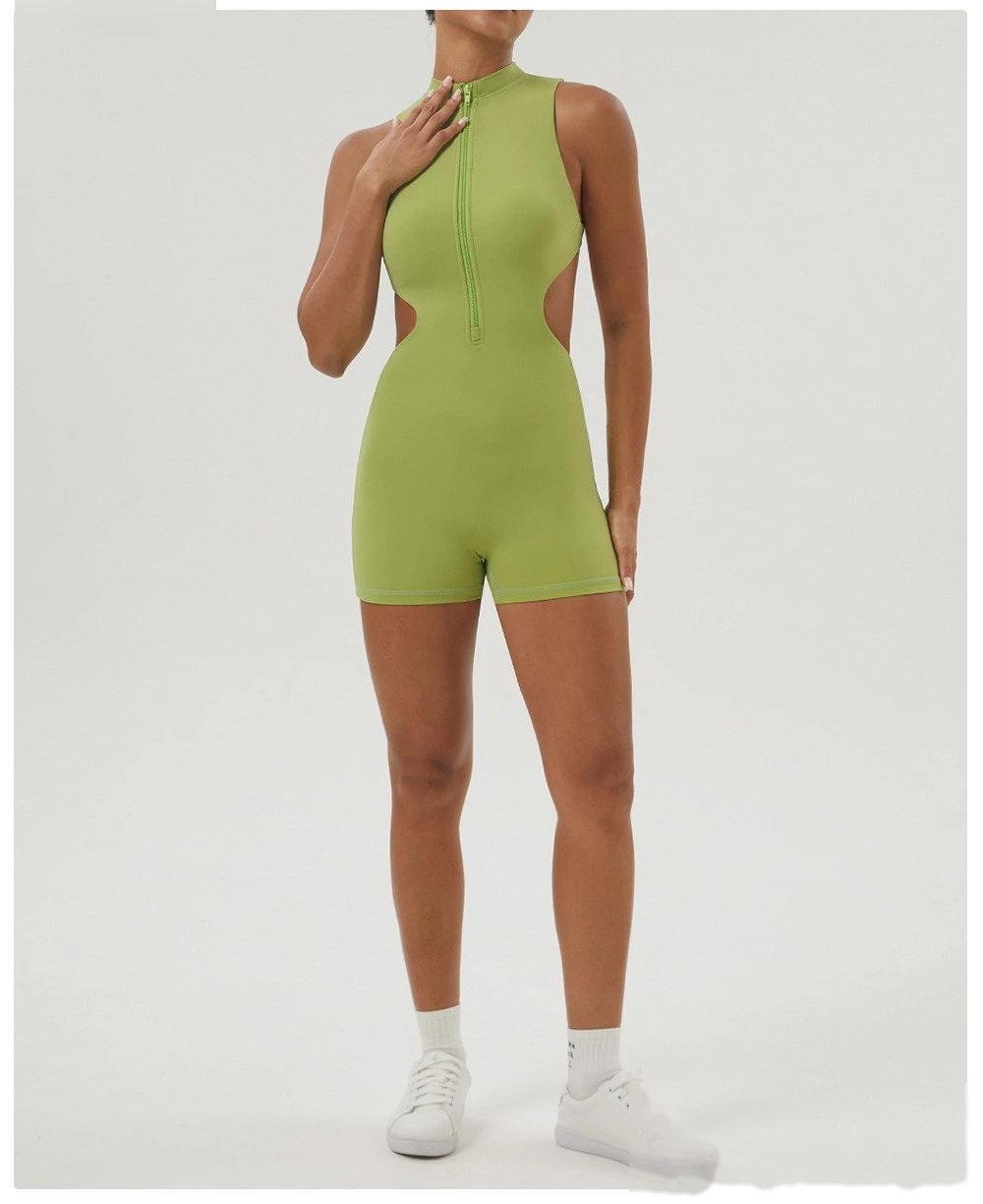 Customized sexy yoga jumpsuit shaping slim zipper stand collar sports jumpsuit shorts fitness suit detail