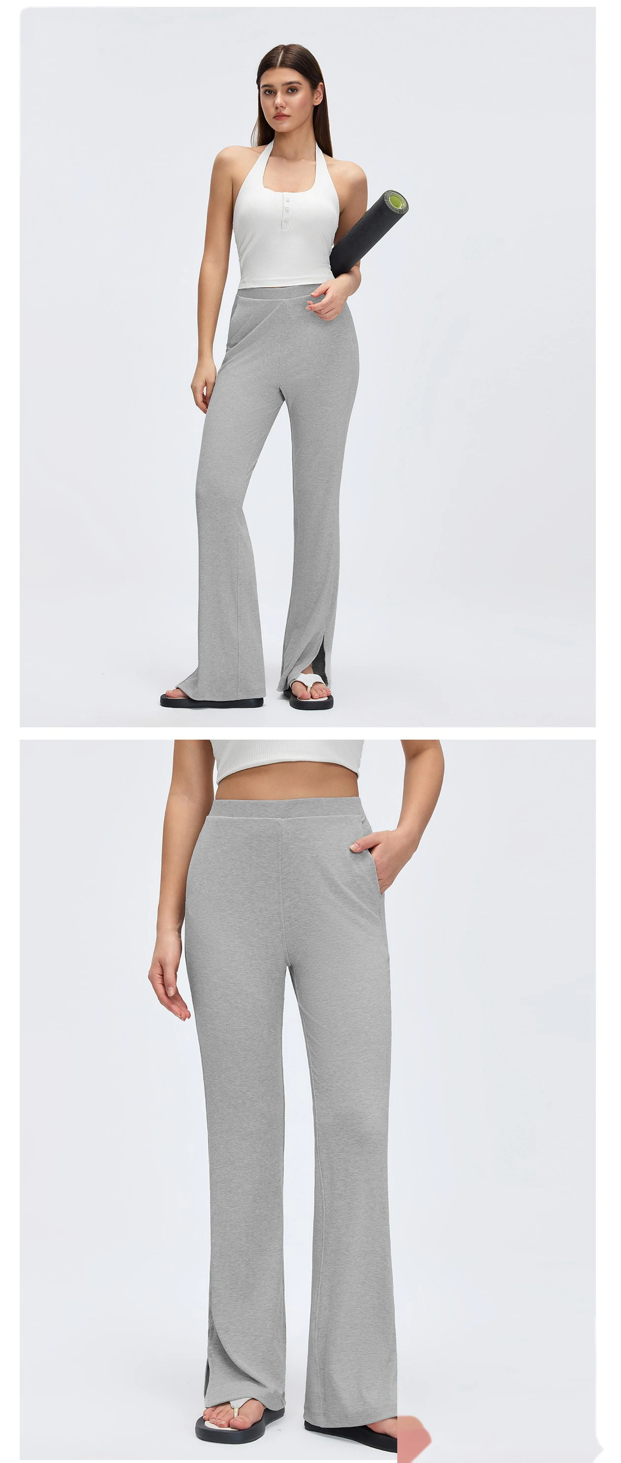 Custom Split Hem Yoga Pants - Women's Sand-Washed Ribbed Wide-Leg Flared Slimming Sports Pants detail
