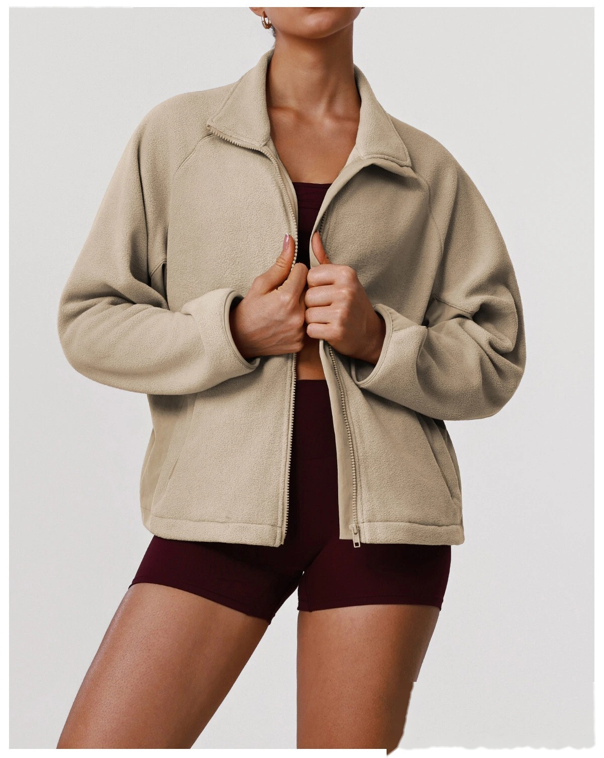 Bulk Custom Women's Fleece Jacket - Winter Warm Loose Fit Open-Front Sports Sweatshirt detail