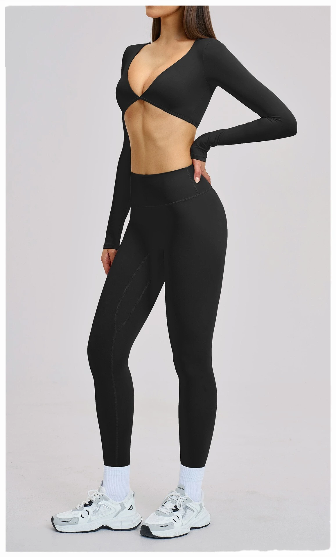 Women’s Custom Long Sleeve V-Neck Cropped Yoga Top Outdoor Fitness Workout Running Active Set detail