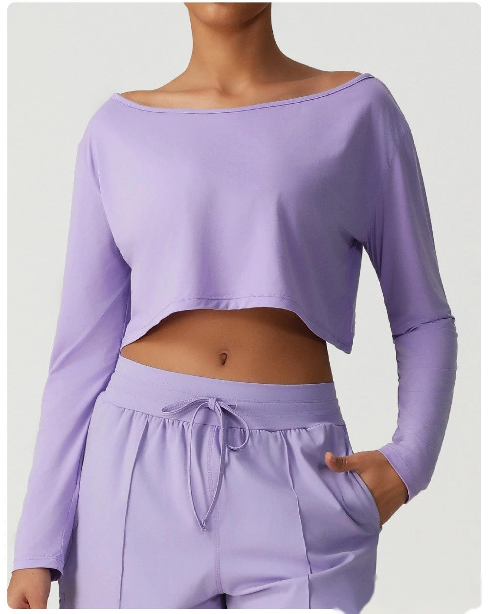 Customized diagonal shoulder long sleeve sports and leisure top high elastic loose T-shirt yoga fitness suit detail