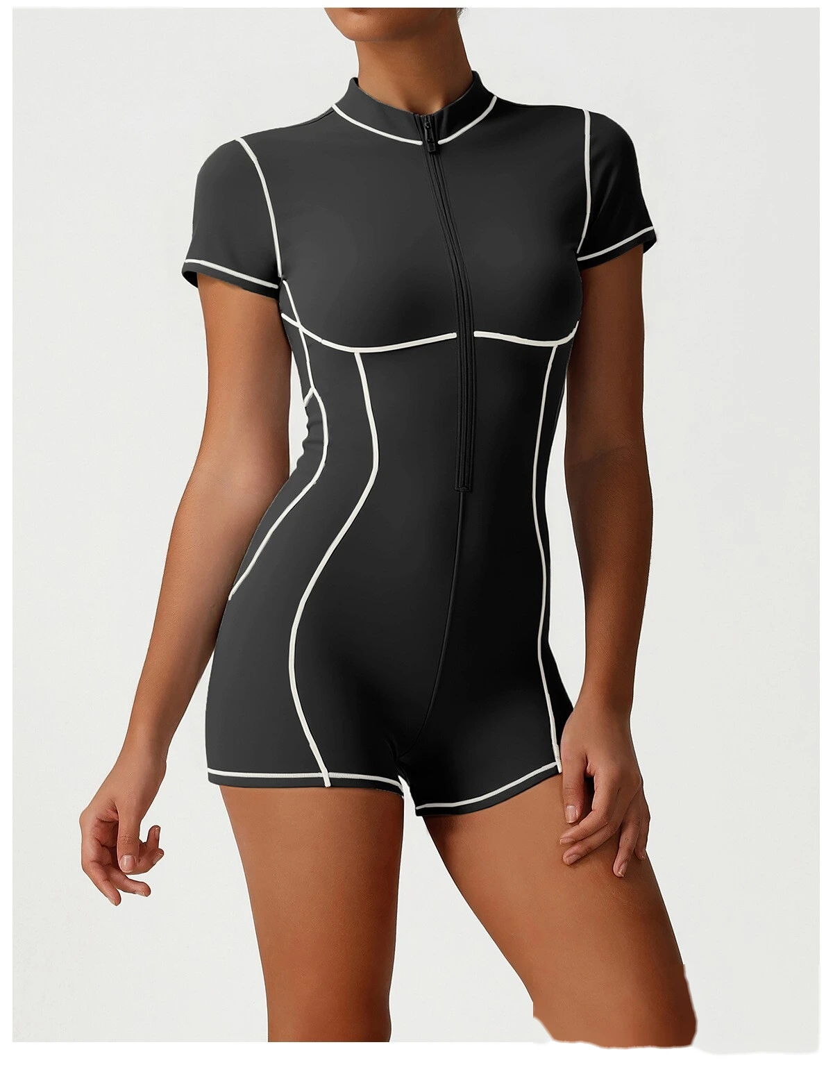 Custom Contrast Color Open Back Yoga Romper - Butt Lifting Training Fitness Short Sleeve Bodysuit detail