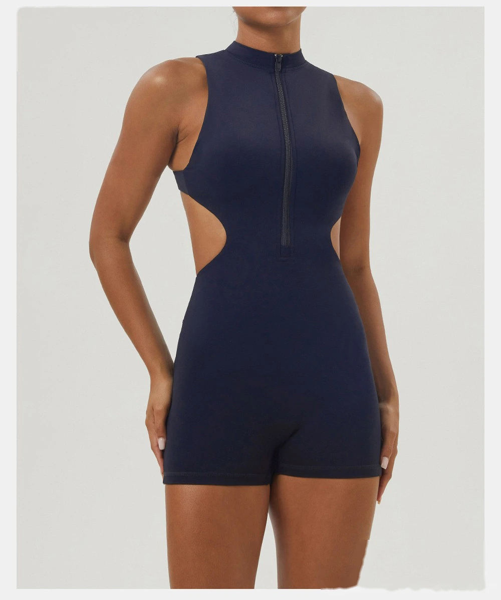 Customized sexy yoga jumpsuit shaping slim zipper stand collar sports jumpsuit shorts fitness suit detail