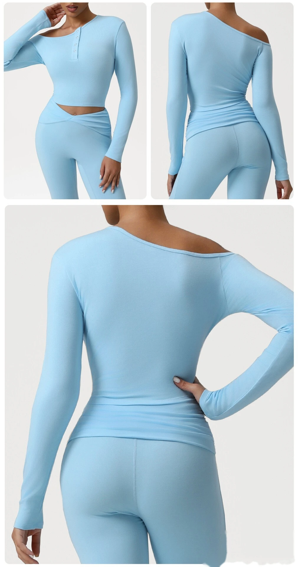 Customized diagonal shoulder sports bottoming shirt for women's slim and slim yoga long sleeve T-shirt detail