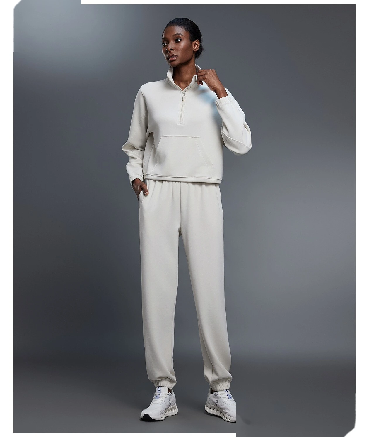 Women's Windproof Stand Collar Half-Zip Sweatshirt - Customizable Loose Drawstring Hem Fitness & Casual Sports Wear detail
