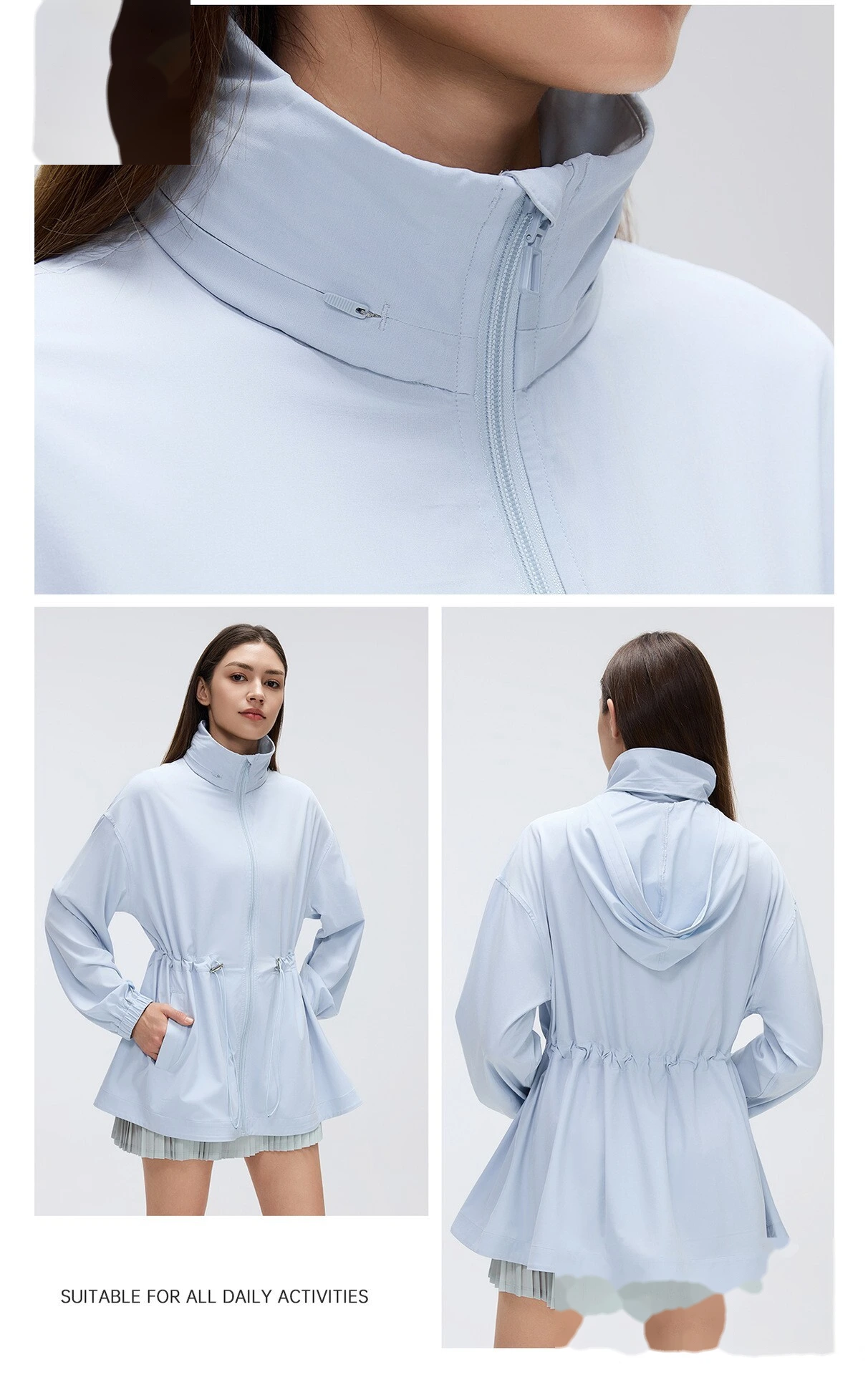 Women’s Custom Packable Hooded Stand Collar Sports Jacket Drawstring Waist Slim Fit Mid Length Zip Up Jacket detail