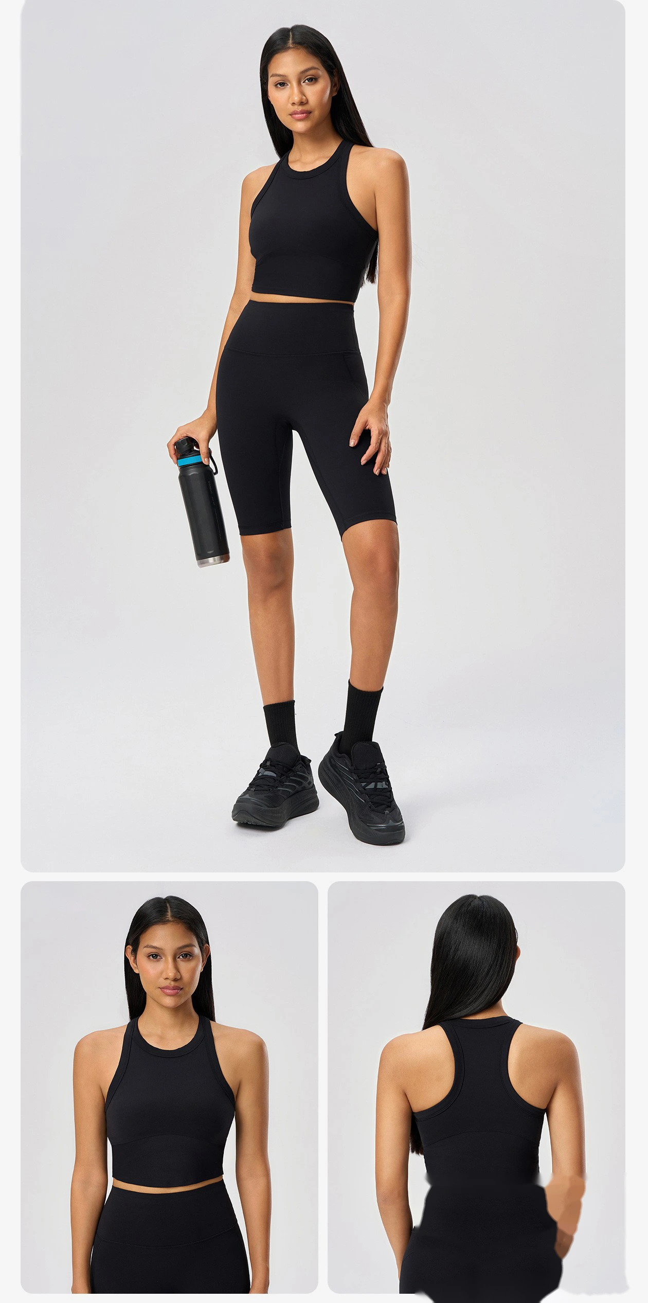 Short sleeveless sports vest female nude elastic fixed cup high round neck fitness yoga clothes top detail