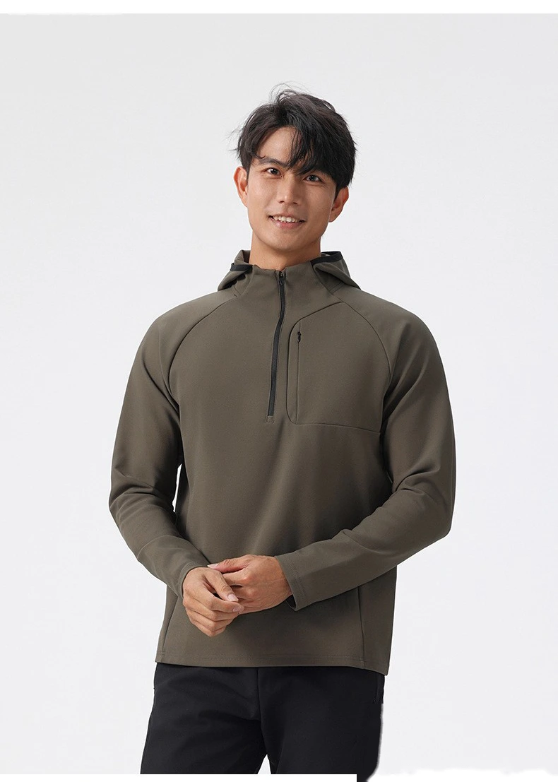 Custom autumn and winter running quick-drying clothes men's sports T-shirt half zipper hooded sweater detail